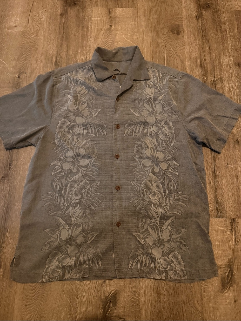 Tommy Bahama Kamari Border Men's Gray Floral Silk Short-Sleeve Button-Up Shirt L